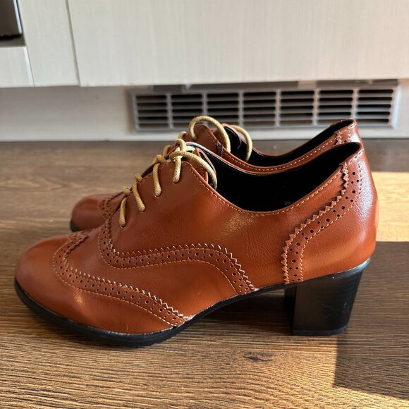 BNIB Odema Brown Brogue Lace Up Oxford Tip Chunky Heels Leather Shoes - Size 8 - Picture 4 of 9